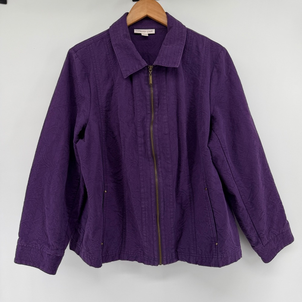 Coldwater Creek Purple Cotton Jacquard Zip Up Jacket W18 Damask Textured Pocket